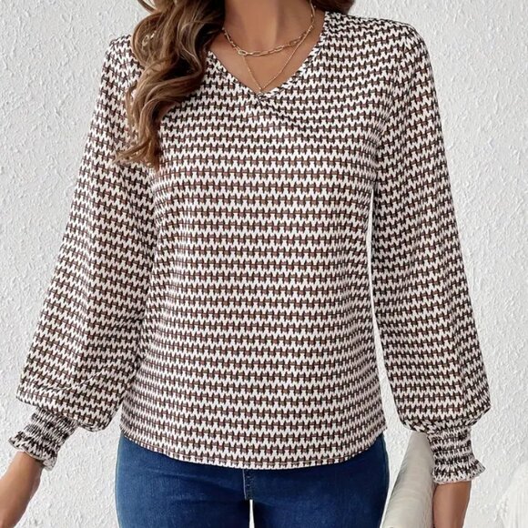 Tops - XL (12) All Over Print V Neck Blouse, Casual Long Sleeve Blouse, Lightweight